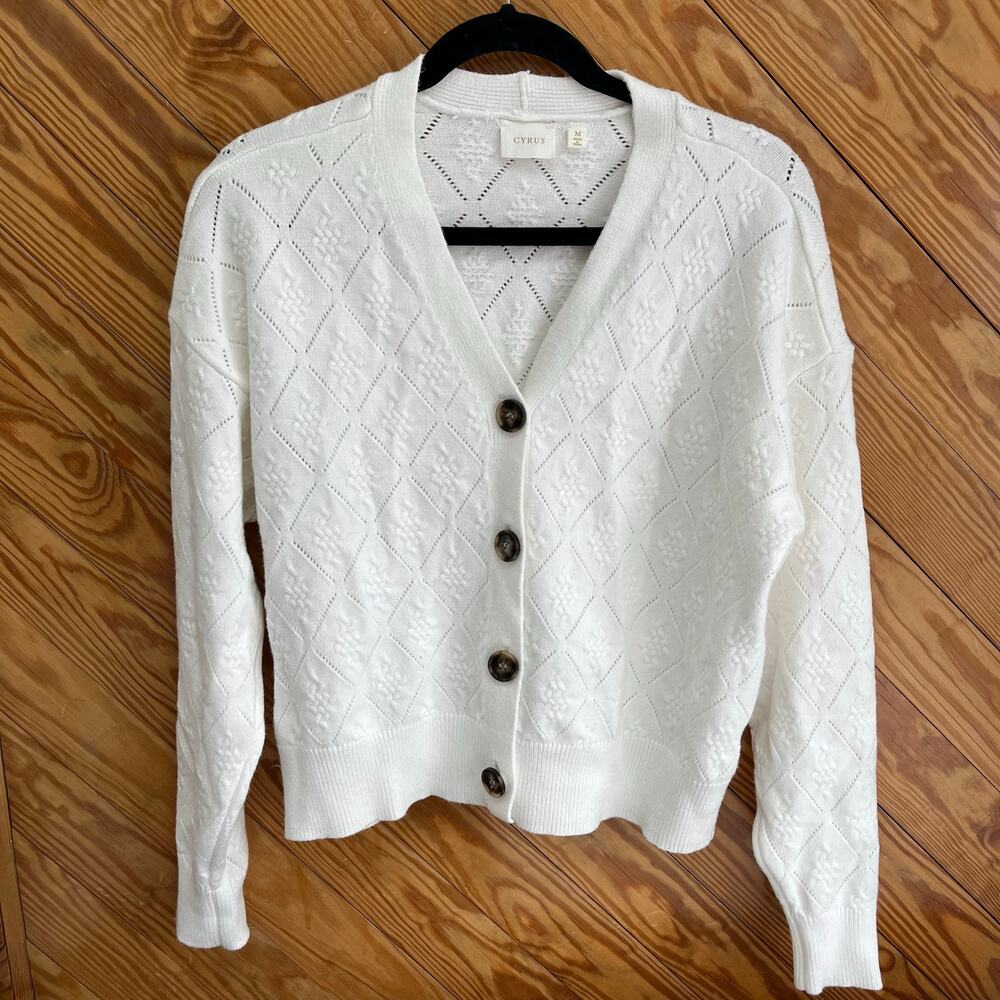 Cyrus Pointelle Button Sweater Cardigan White Cottage Core
